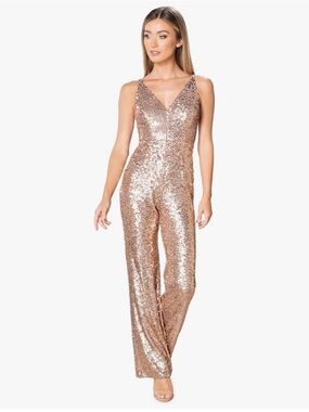 NWT Dress the Population Soft Gold Sequin V-Neck Wide-Leg Jumpsuit